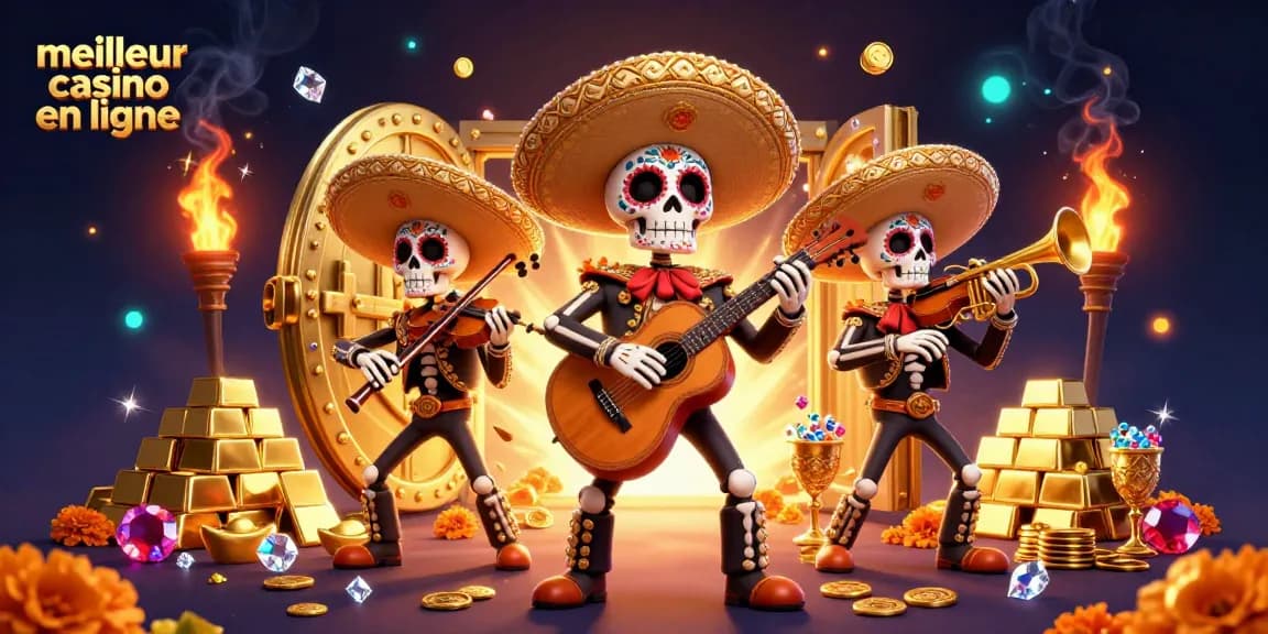 Ressentez l'excitation au meilleur casino en ligne avec une vibrante bande de mariachi entourée de trésors.