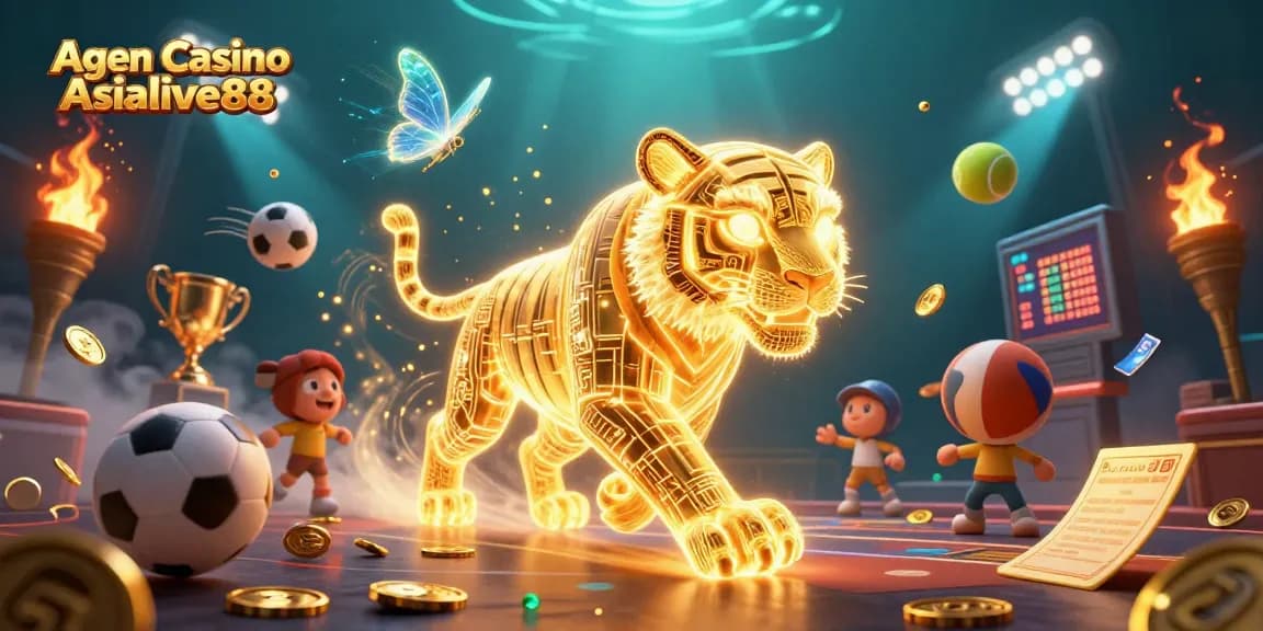 A dynamic betting scene featuring Agen Casino Asialive88 with a golden tiger navigating through sports-themed casino elements.