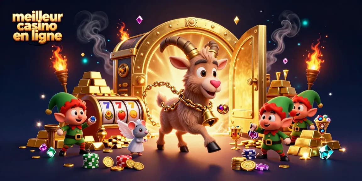 Illustration dynamique d'un meilleur casino en ligne, avec un Krampus et des jeux d'argent colorés.