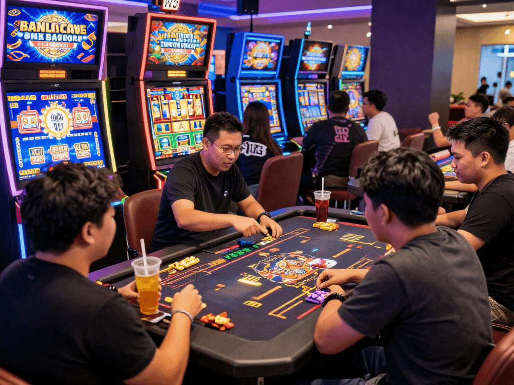Group enjoying bandar slot gacor in a vibrant casino setting with colorful slot machines.