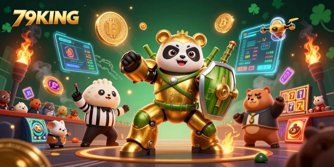 Engage with 79KING in a vibrant 3D casino world featuring a golden panda and robotic elements.