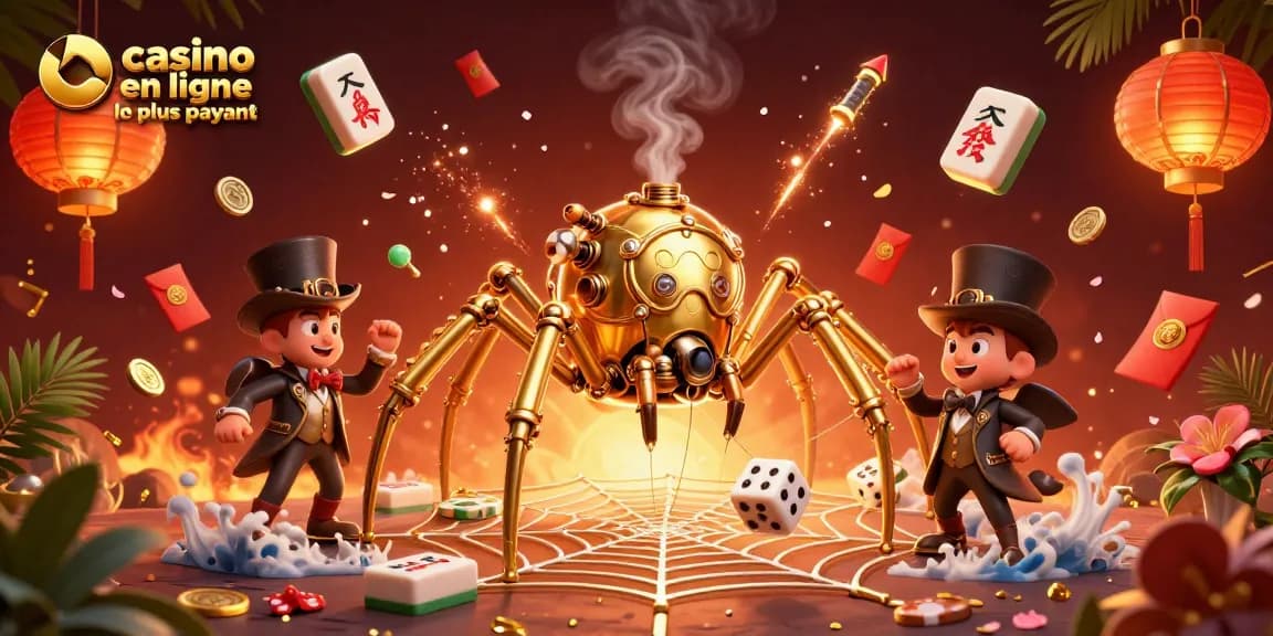 Casino en ligne le plus payant : Illustration dynamique d'une araignée steampunk capturant des dés chanceux.
