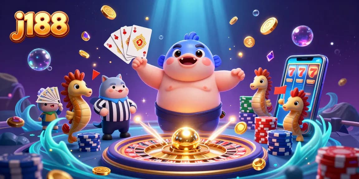 Experience thrilling j188 casino action with a lively underwater scene featuring a blowfish, referee, and festive spectators.