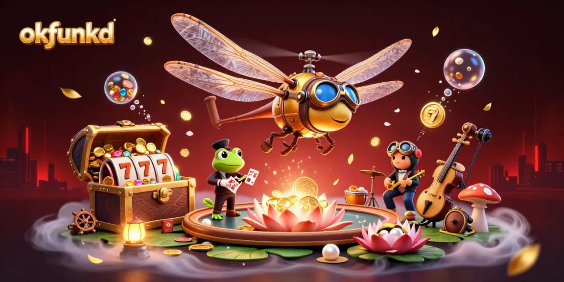 Experience thrilling casino action with okfunkd in this vibrant 3D dragonfly pilot and frog dealer scene.
