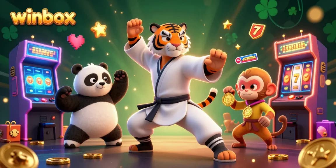 Experience thrilling wins with Winbox as the kung fu tiger, panda, and monkey celebrate gaming victories amid colorful casino elements.