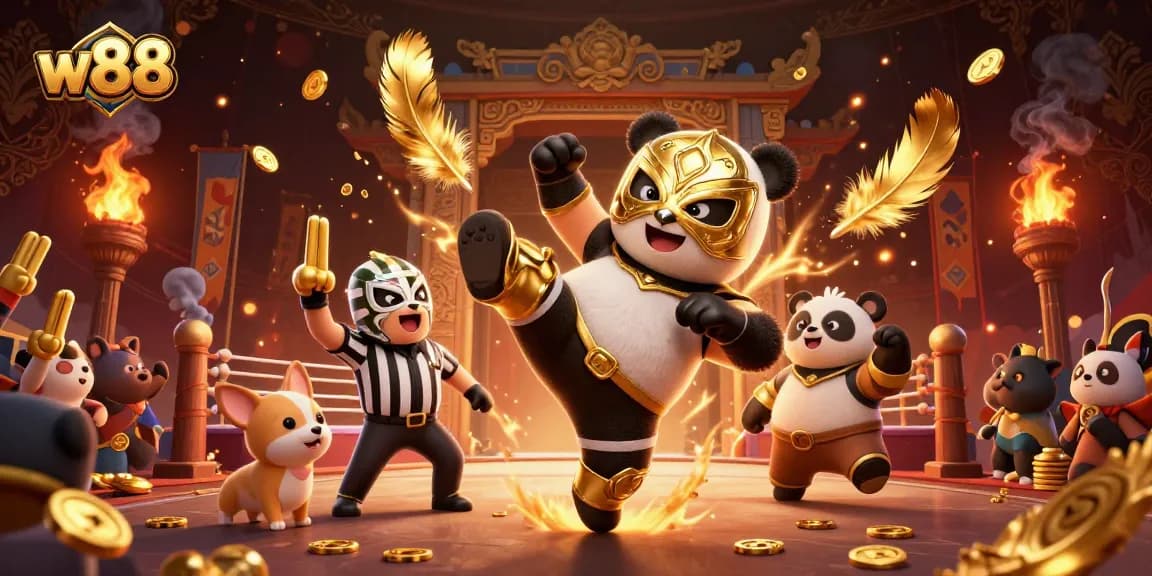 Cá cược hấp dẫn tại w88 với chú panda võ sĩ và khán giả vui mừng gặp gỡ.