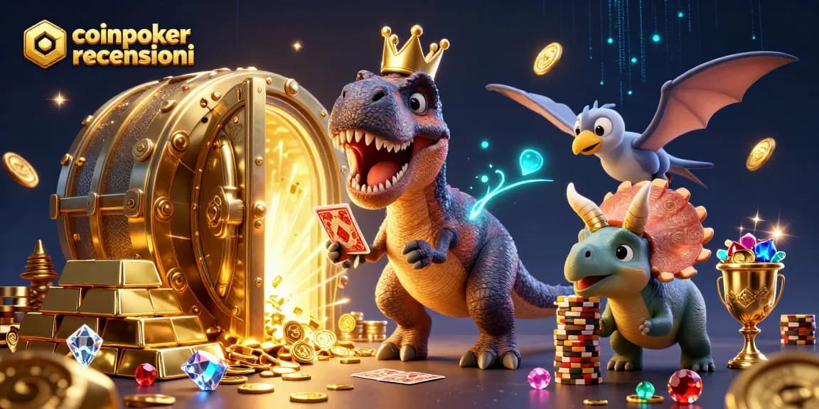 Scopri le recensioni di CoinPoker mentre un T-Rex con corona gioca a poker con amici.