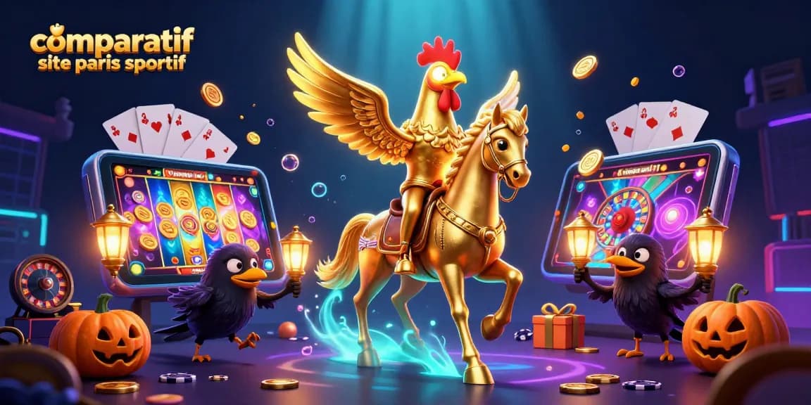 illustration de comparatif site paris sportif avec personnages de casino et éléments de jeu brillant