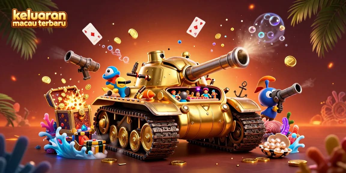 Keluaran macau terbaru showcases a vibrant scene with a golden beetle tank revealing a casino, surrounded by treasure.