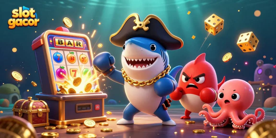 Engage with slot gacor excitement as a pirate shark, pufferfish, and octopus swim among a jackpot-filled casino.