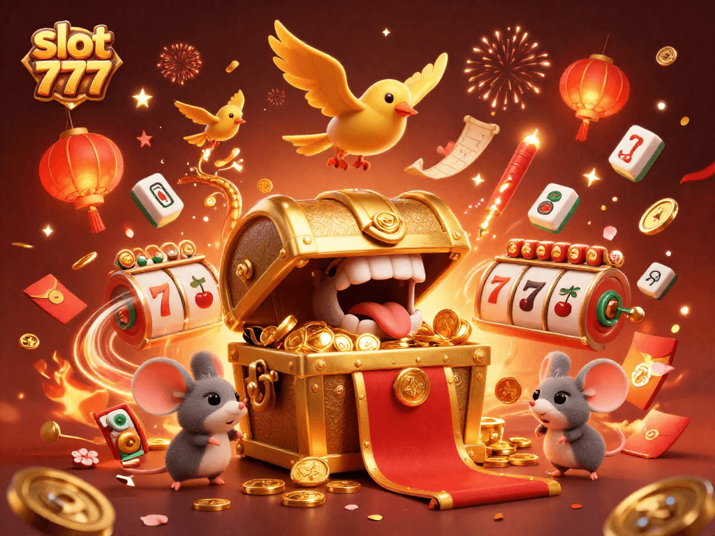 Engage in the excitement of slot 777 with spinning reels, golden confetti, and thrilling fireworks.