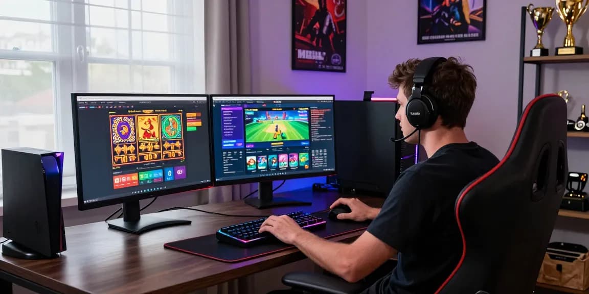 Engaged gamer enjoying hero138 situs with multiple monitors and gaming accessories