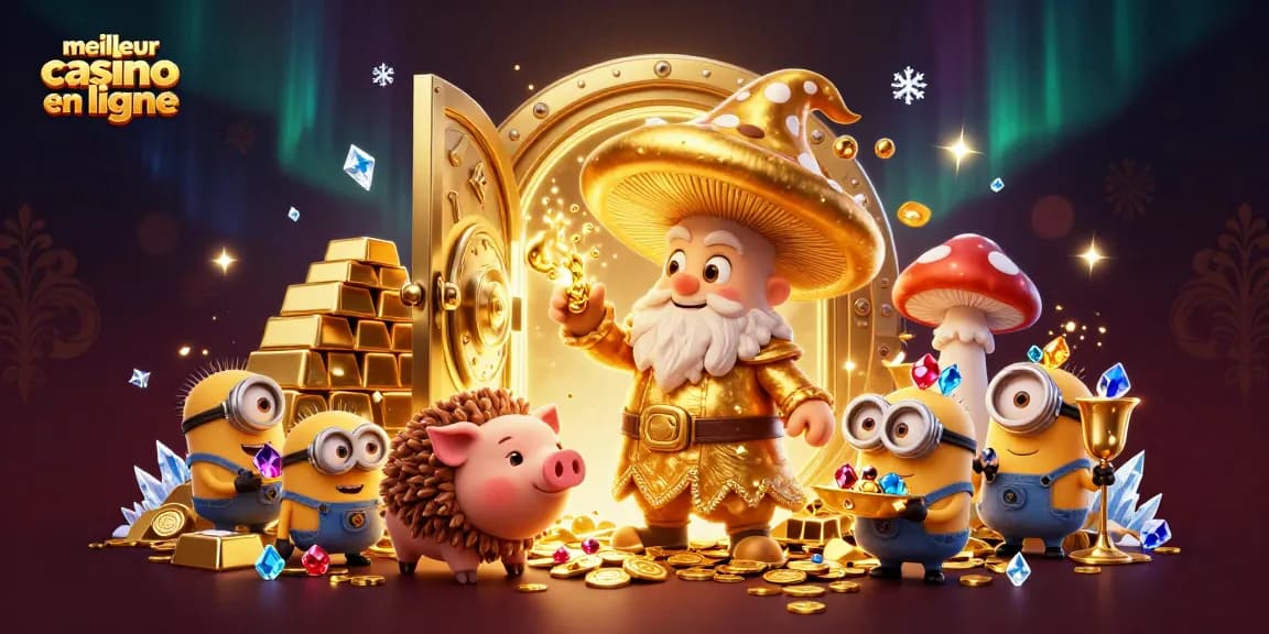 Illustration 3D d'un meilleur casino en ligne avec un sorcier champignon et des trésors scintillants