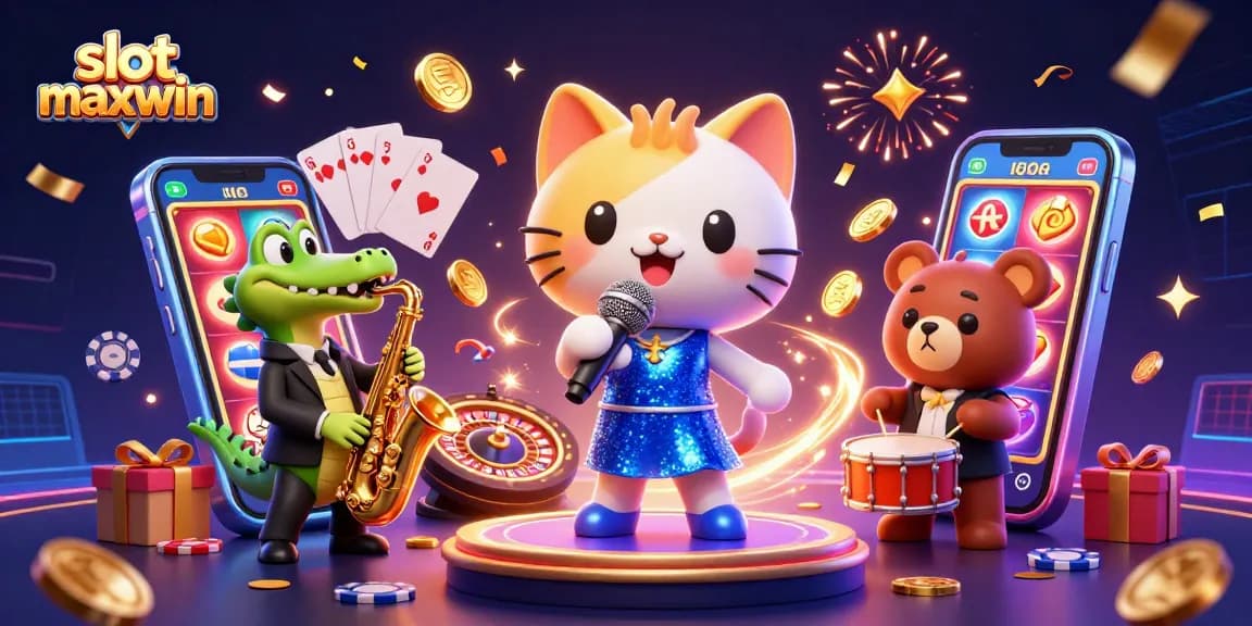 Spin to win on slot maxwin with lively characters performing in a dazzling casino scene.