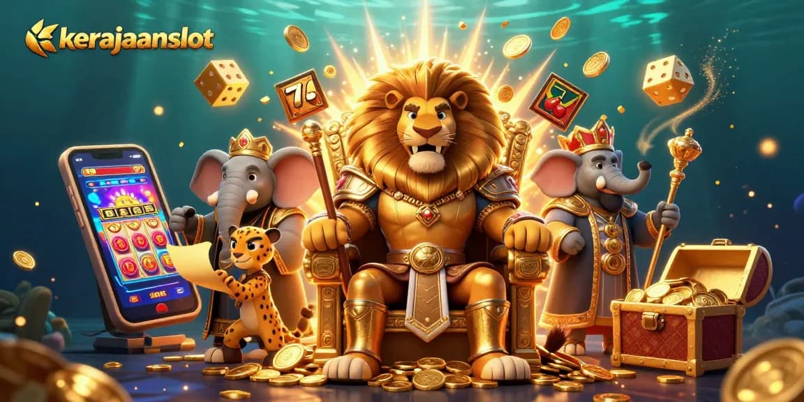 Mainkan kerajaanslot dengan raja singa, gajah bijak dan cheetah pesan dinamis dalam ilustrasi kasino 3D.