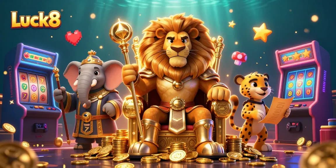 Experience the excitement of Luck8 with vibrant casino games and a majestic lion king.