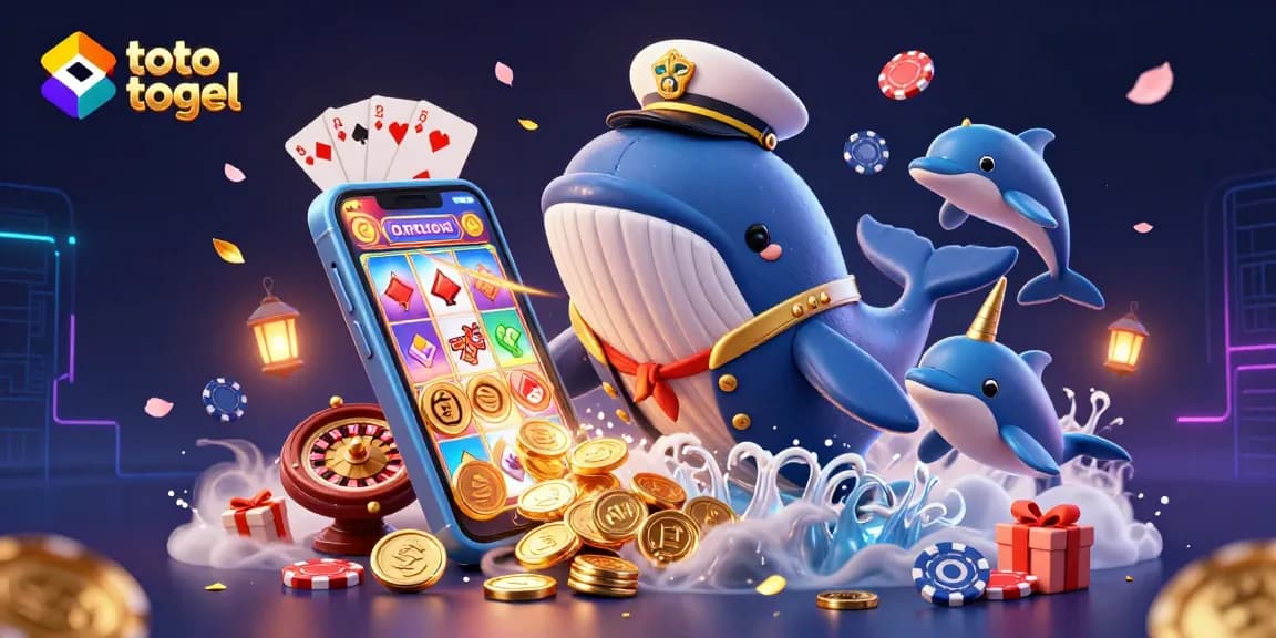 Experience the thrill of toto togel with a vibrant scene showcasing a cartoon whale and narwhal amidst symbols of winning.