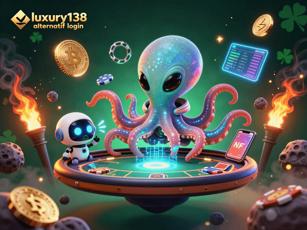Permainan poker dengan alien dan robot, luxury138 alternatif login, memukau dalam ilustrasi 3D.