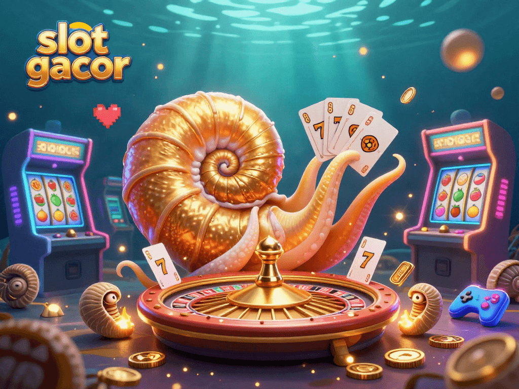 Experience the excitement of slot gacor with a dynamic 3D illustration of a nautilus roulette wheel amidst vivid casino elements.