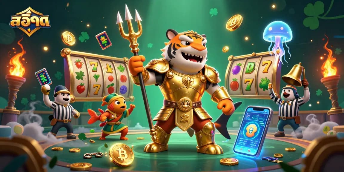 Engage in สล็อต excitement with a golden armored tiger shark and thrilling game symbols.