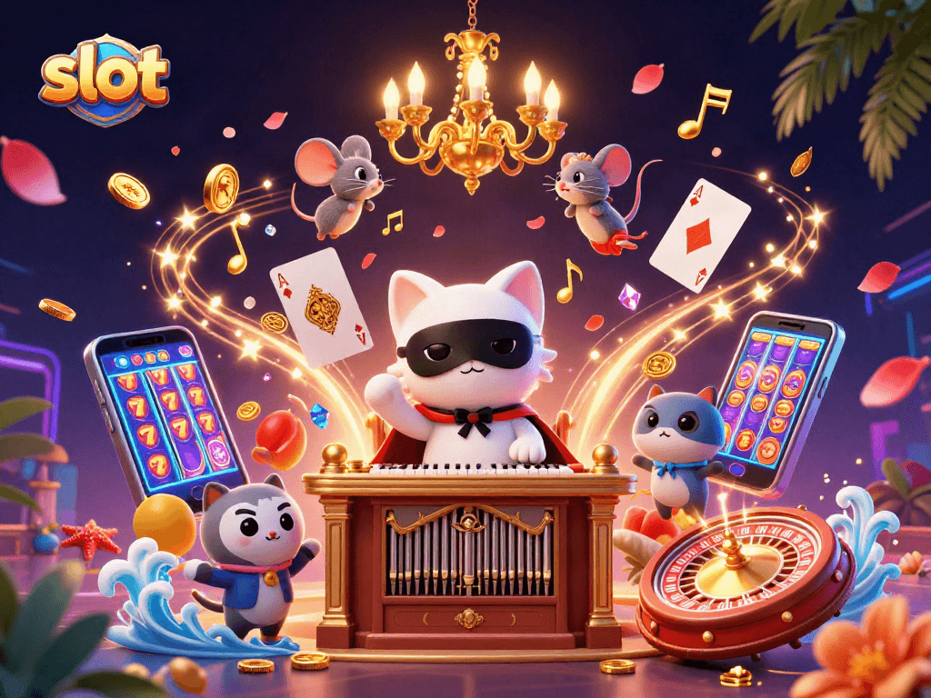 Spin the slot reels with excitement in this dynamic casino scene featuring vibrant characters.