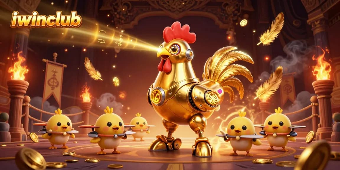 Experience thrilling adventures with iwinclub’s golden rooster and baby chick drones in an exciting casino scene.