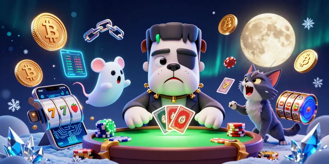 Permainan slot dengan bulldog Frankenstein yang menangani kartu dan hantu tikus mengapung di antara chip.