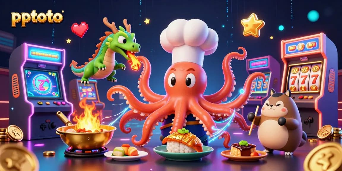 Pptoto showcases a vibrant 3D scene of an octopus chef and friends enjoying casino-themed fun with dynamic gaming elements.