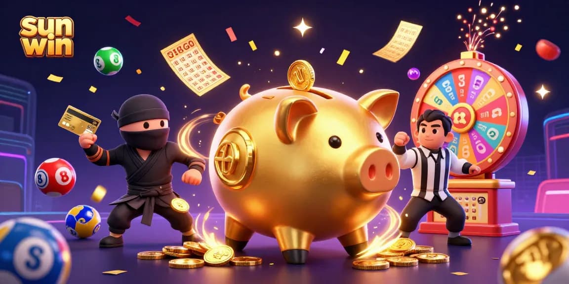 Engage with sun win action in a vibrant casino scene featuring a dynamic sumo wrestler and exciting lottery elements.