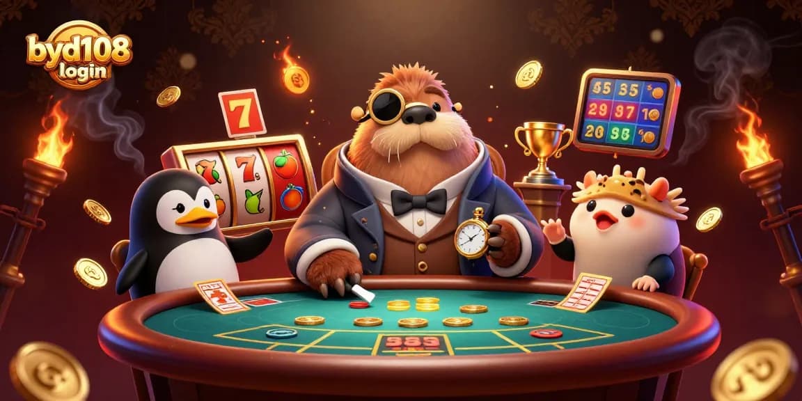 Visualisasi permainan byd108 login dengan walrus dan dealer di meja poker yang penuh energi.