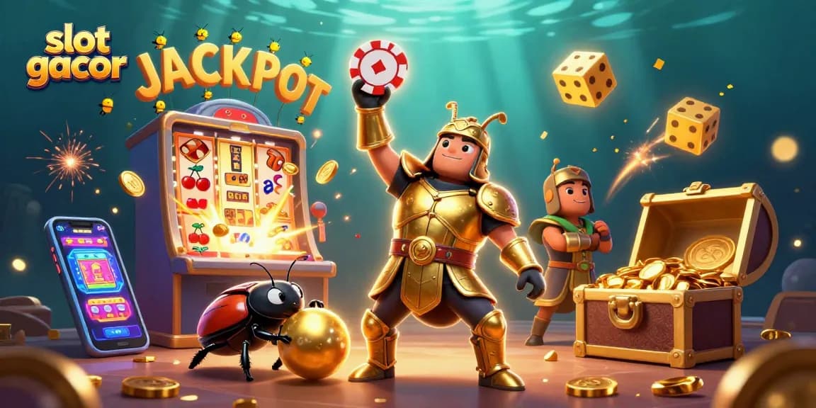 Spin to win with slot gacor jackpot symbols and vibrant casino elements in a lively 3D scene.