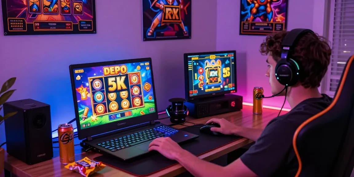 Engaging player at home enjoying slot depo 5k online gaming experience with colorful graphics and gaming set up.