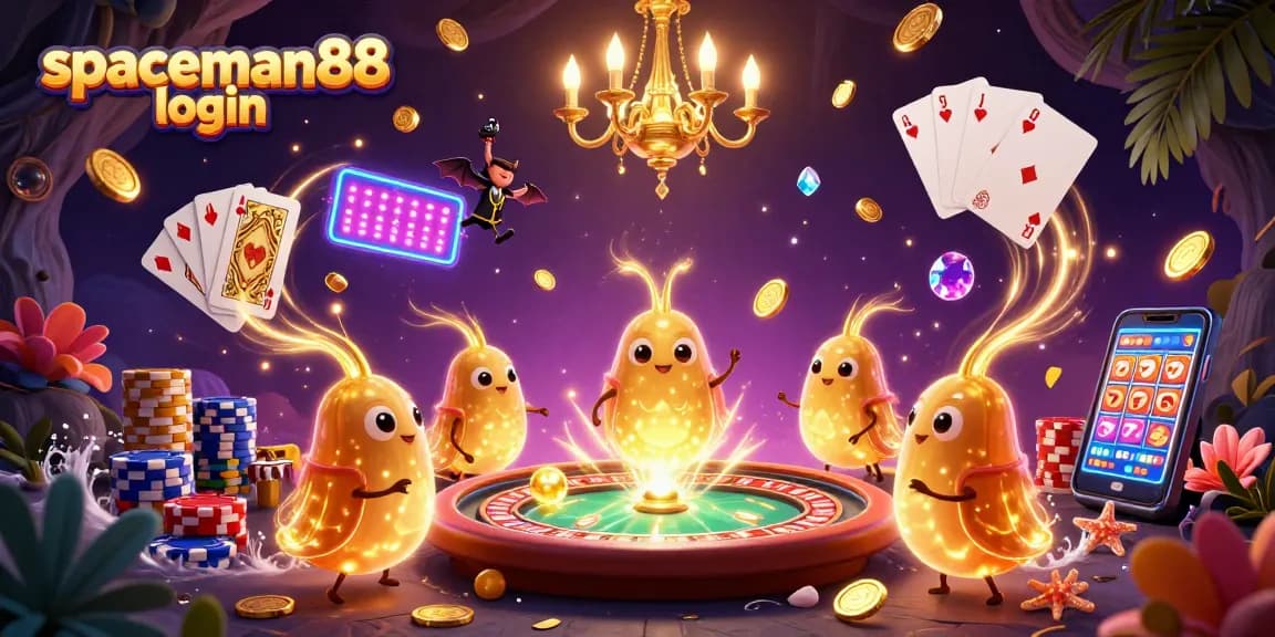 Engage in winning strategies at spaceman88 login while exploring a vibrant cartoon casino with glowing elements.