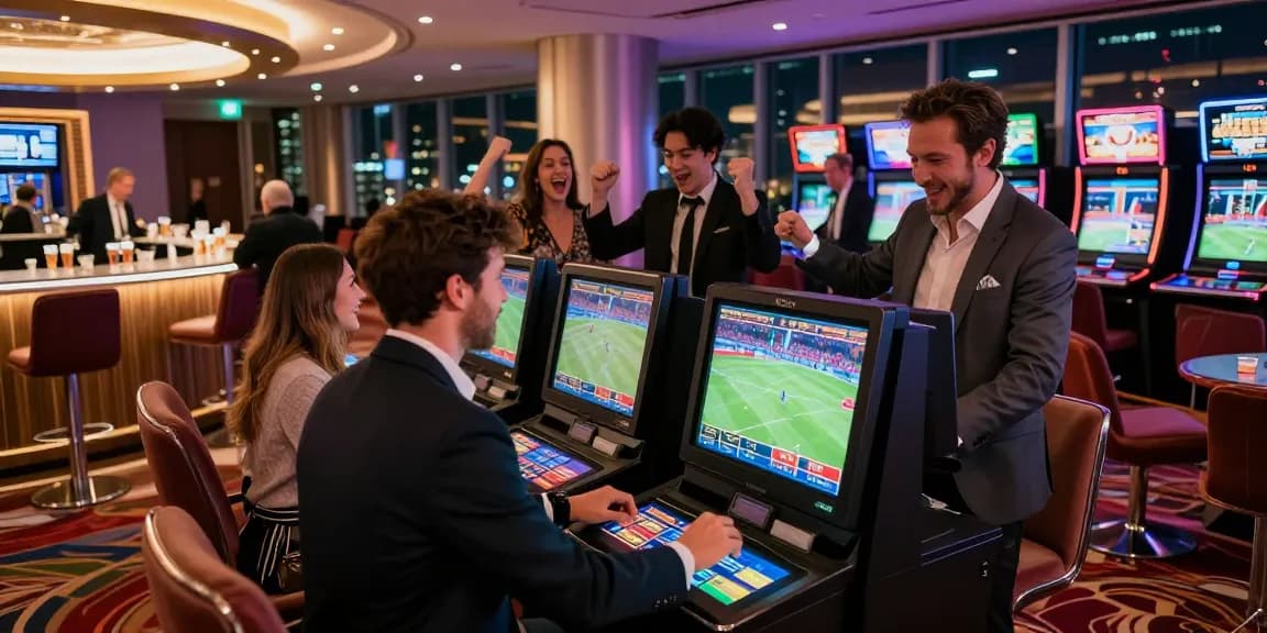 Group of friends engaging with newbet4d digital betting kiosk in a modern casino environment.