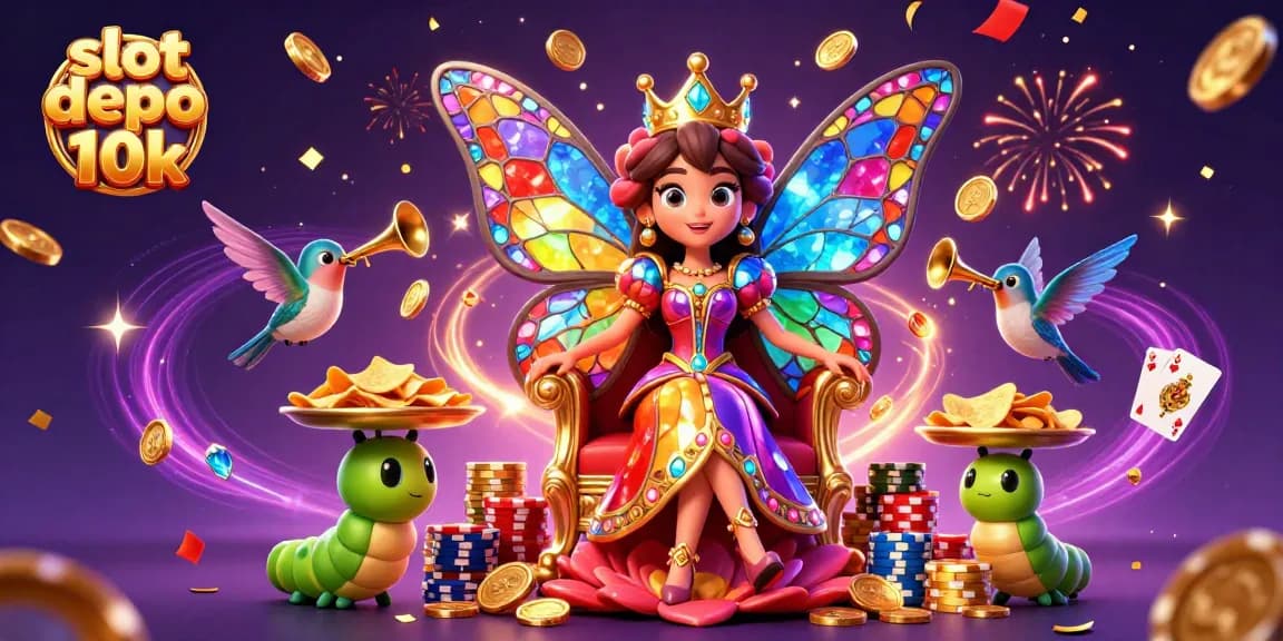 Experience thrilling gameplay with slot depo 10k, featuring a vibrant butterfly queen and dazzling casino elements.