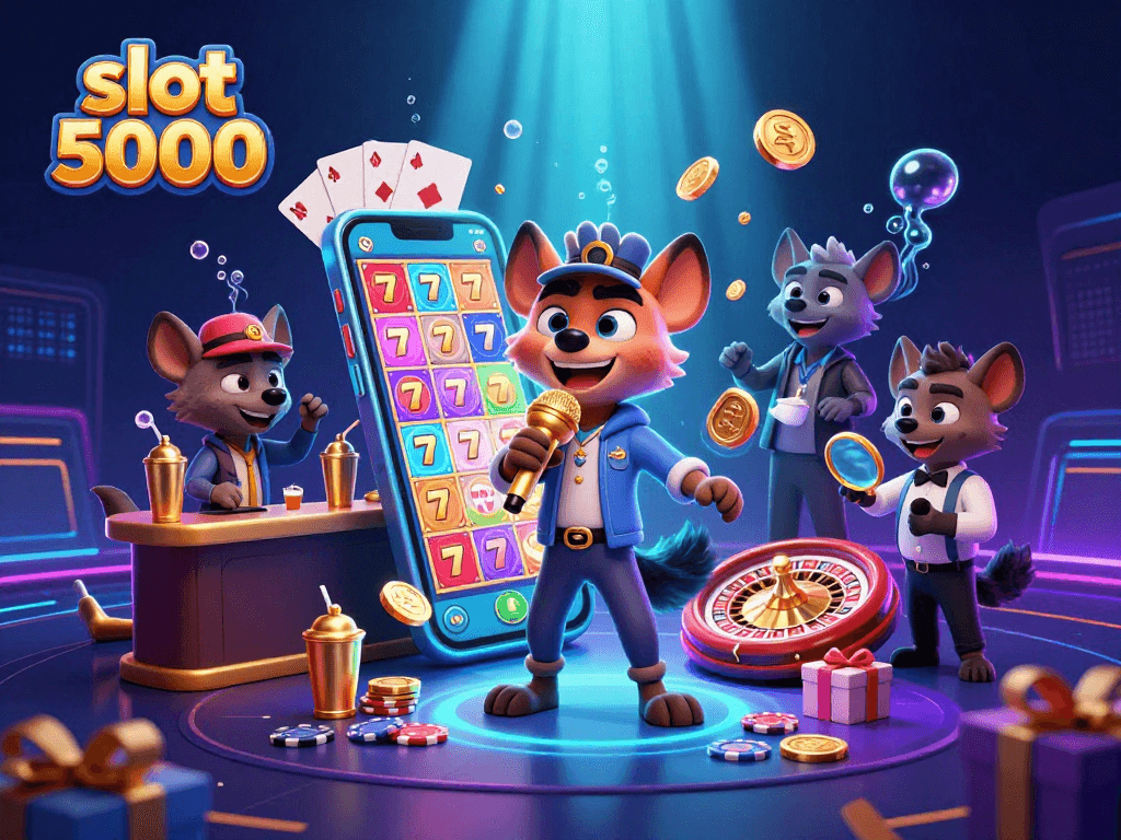 Experience thrilling wins with slot 5000 in a vibrant casino scene featuring animated hyenas.