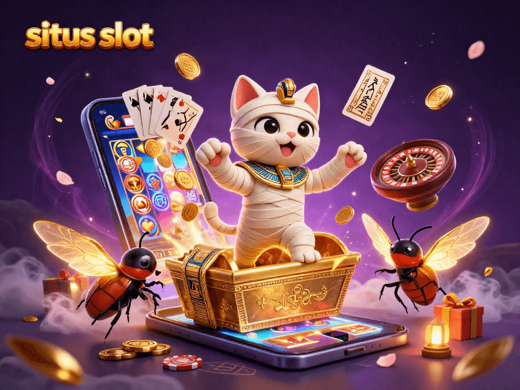 Engage in thrilling situs slot action with vibrant characters and casino elements.