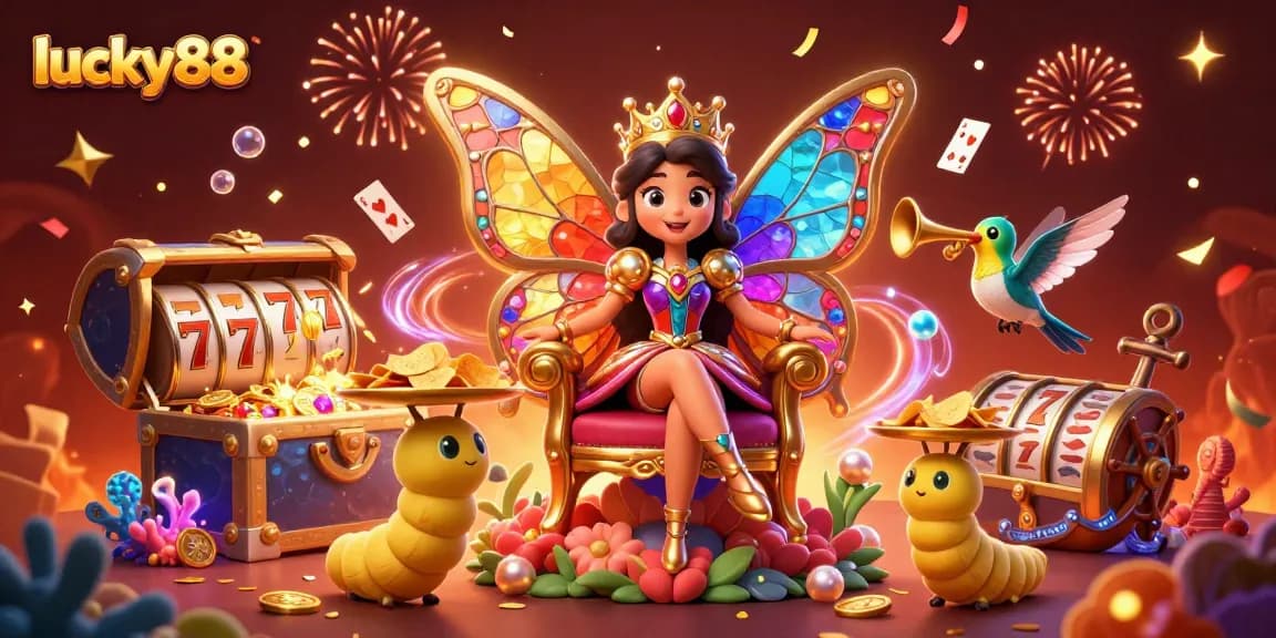 Experience the thrill of lucky88 with a vibrant casino-themed 3D illustration showcasing colorful characters and elements.