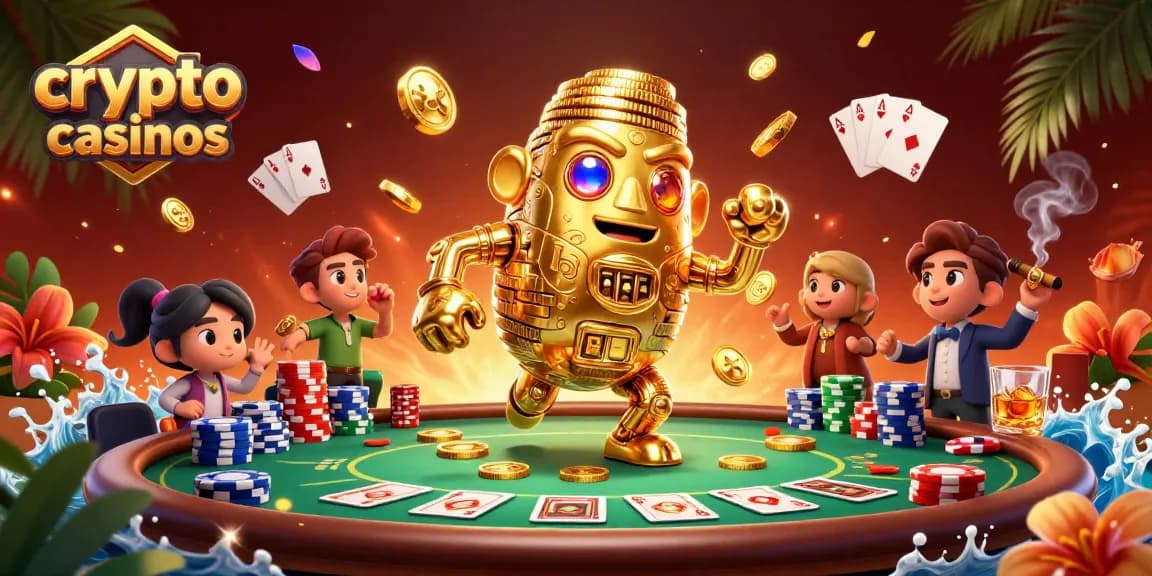 Découvrez les crypto casinos avec un golem en or et des jetons de poker colorés, l'expérience de jeu immersive.