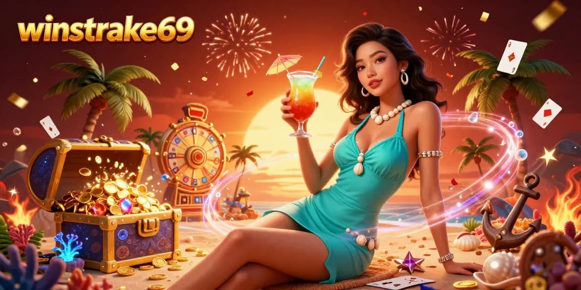 Experience winstrike69 casino excitement with an Asian beauty amidst vibrant tropical themes and celebratory elements.