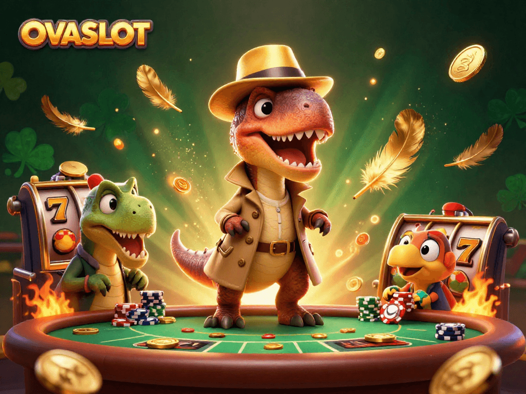 OVASLOT features a velociraptor card counter in a vibrant online slot environment, showcasing thrilling gameplay.