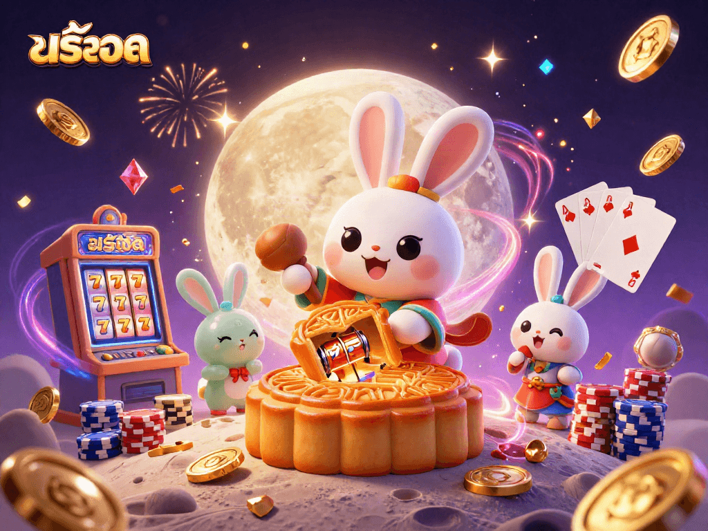 Win big with สล็อต featuring a moon rabbit and dynamic casino elements in a vibrant 3D illustration.