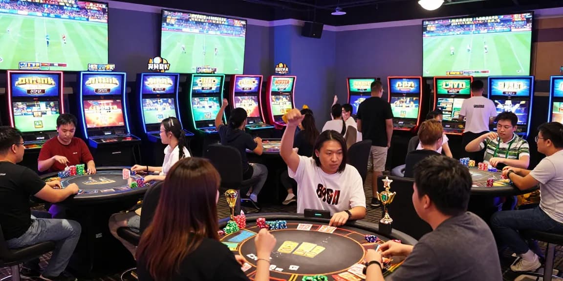 Diverse players engaging at 鉅城娛樂城 with vibrant gaming options, celebrating wins in a lively virtual casino.