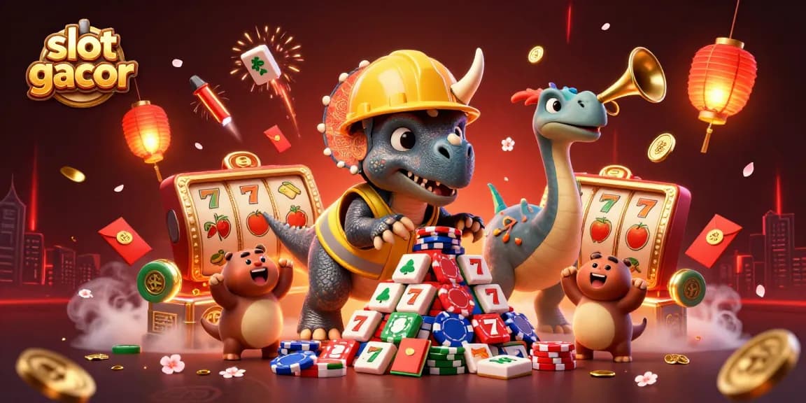 Slot gacor scene with fun characters building poker chips, celebrating wins surrounded by casino elements.