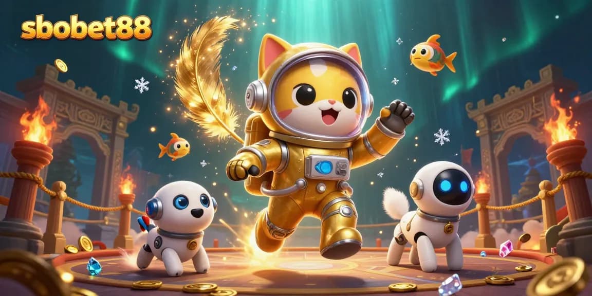 Experience sbobet88's vibrant gaming universe with a floating astronaut cat and robot dog in a cosmic casino.