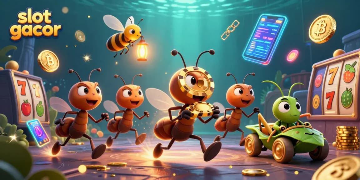 Engage with slot gacor-themed heist illustration featuring ants with a golden poker chip.