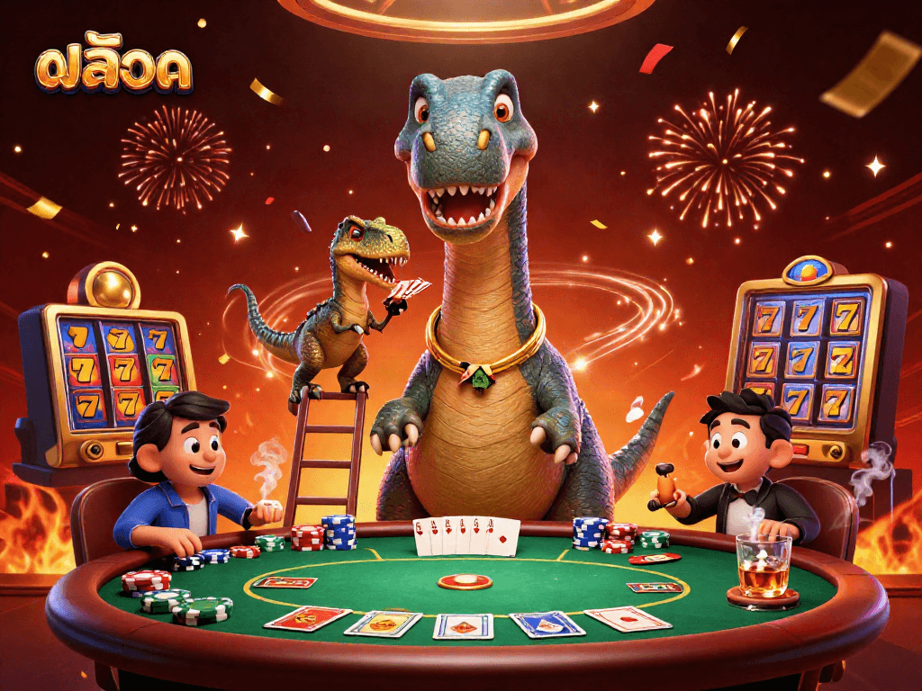 Engage in excitement at the casino with a playful brontosaurus and raptor while exploring สล็อต games.