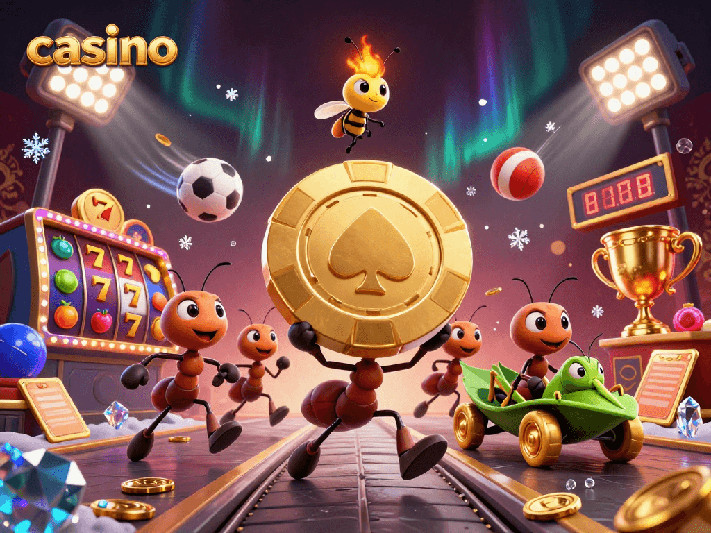Casinos come alive as ants carry a giant poker chip, creating a thrilling escape scene.