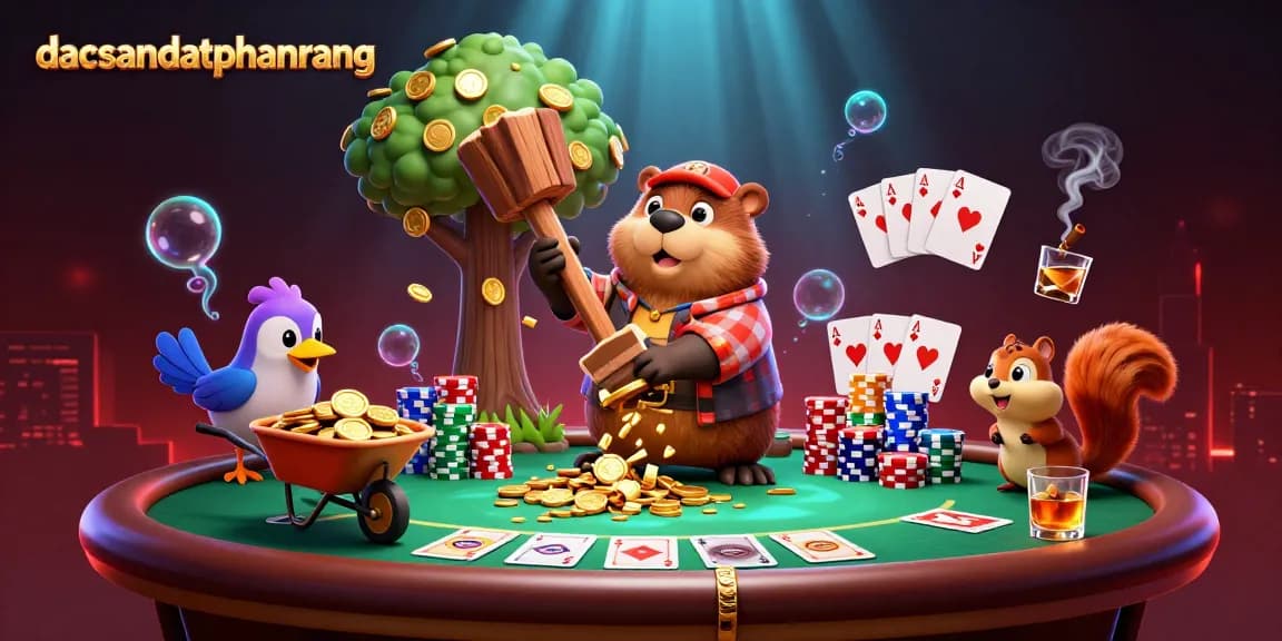 Play dacsandatphanrang at this vibrant 3D casino scene featuring cartoon characters and poker elements.