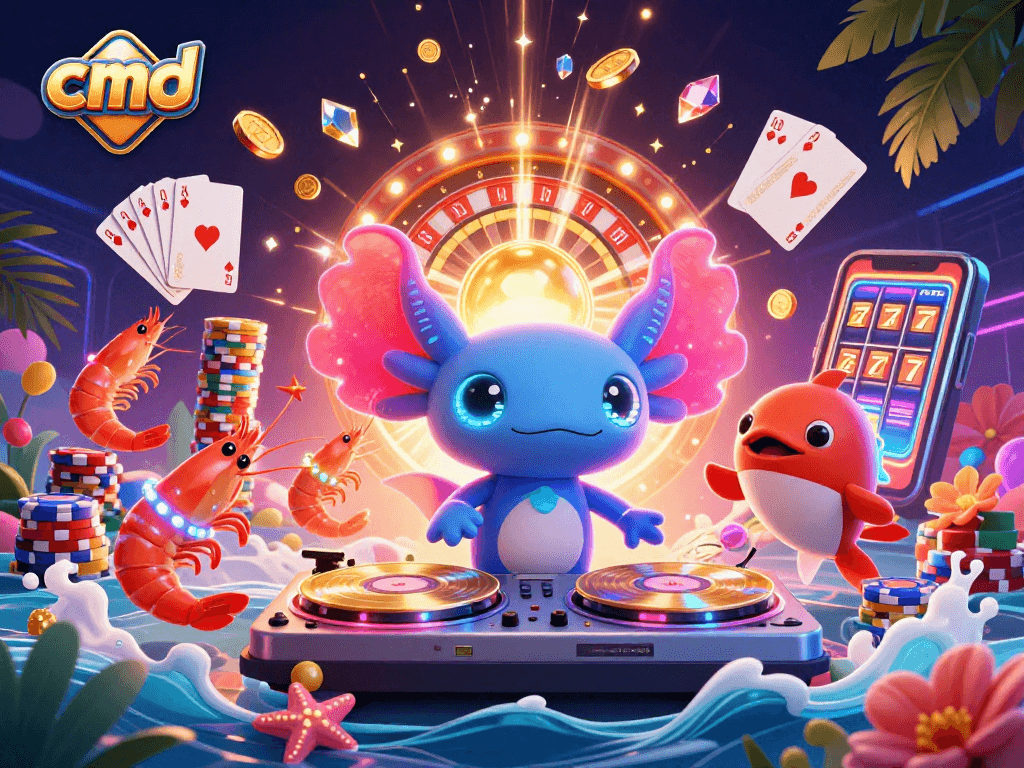 cmd engaging in a vibrant casino party with an axolotl DJ and festive underwater elements